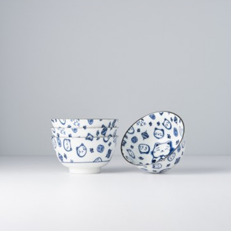 Premium Maneki Cat Ceramic Bowl Set Dishwasher Safe - Blue, 4pcs 350ml