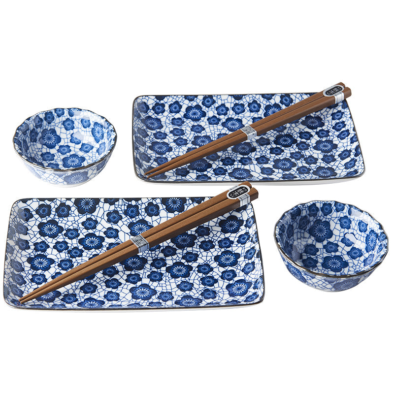 Premium Ceramic Sushi Set for Two – Black Blue Plum Design, 4 Piece