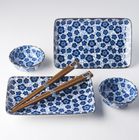 Premium Ceramic Sushi Set for Two – Black Blue Plum Design, 4 Piece