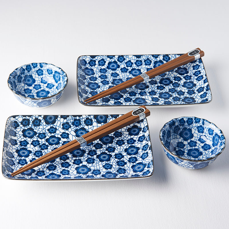 Premium Ceramic Sushi Set for Two – Black Blue Plum Design, 4 Piece