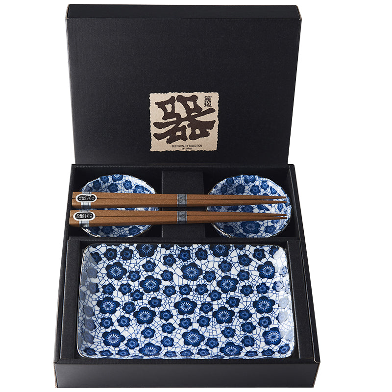 Premium Ceramic Sushi Set for Two – Black Blue Plum Design, 4 Piece