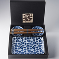 Premium Ceramic Sushi Set for Two – Black Blue Plum Design, 4 Piece