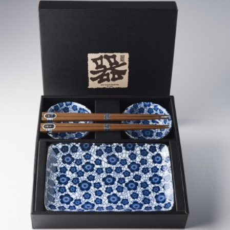 Premium Ceramic Sushi Set for Two – Black Blue Plum Design, 4 Piece