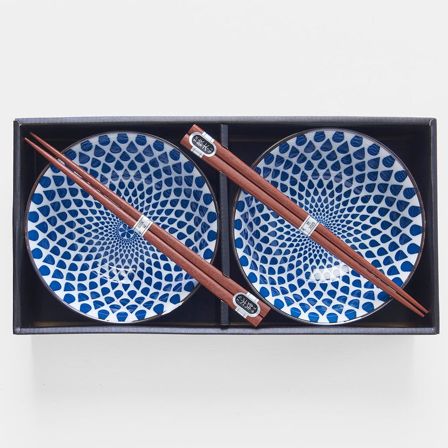 Premium Ceramic Bowl Set with Chopsticks – Blue Teardrops 400ml, 2 Piece