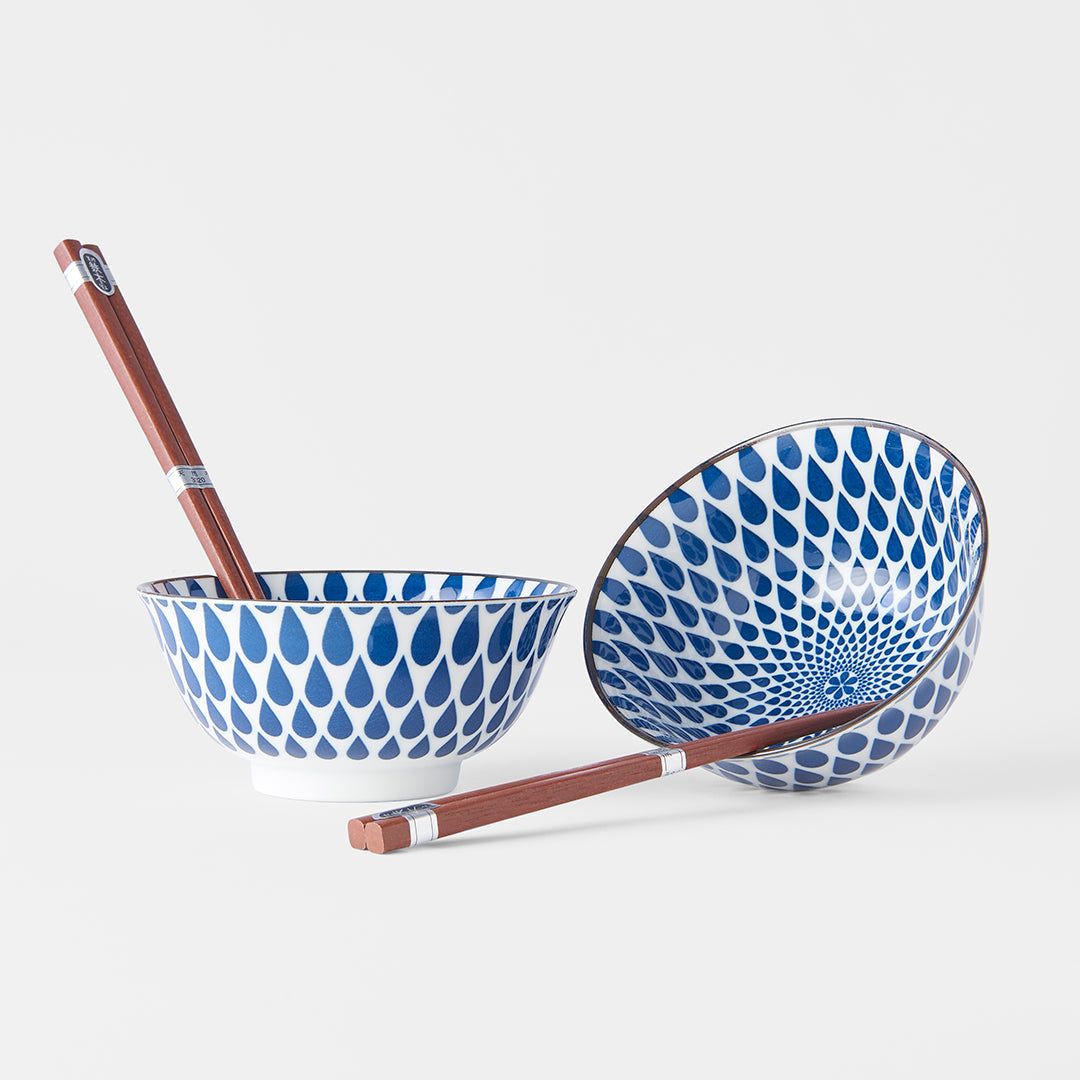 Premium Ceramic Bowl Set with Chopsticks – Blue Teardrops 400ml, 2 Piece