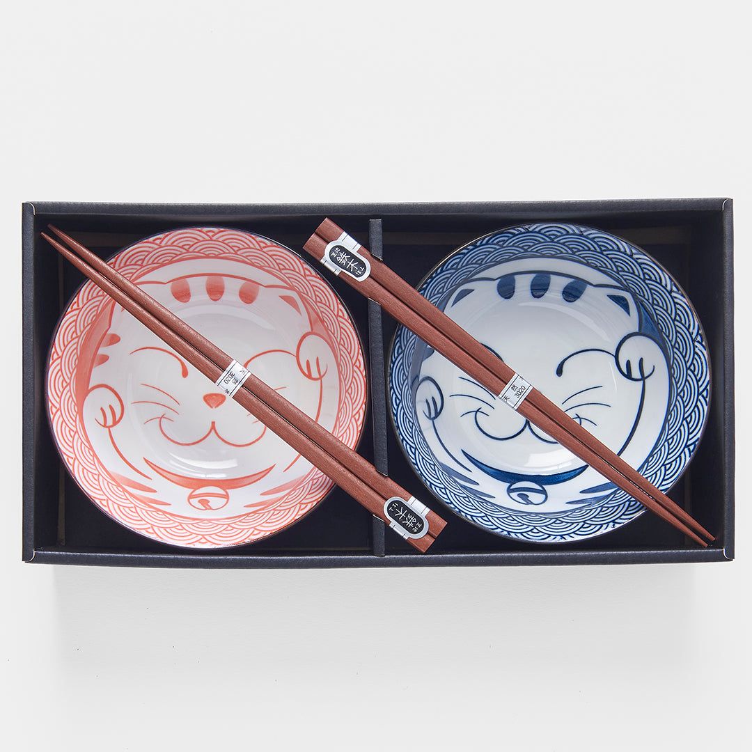 Bowl Set 2pcs with Chopsticks Red & Blue Cat Maneki Wave Design - SuperSaverAU - view 1