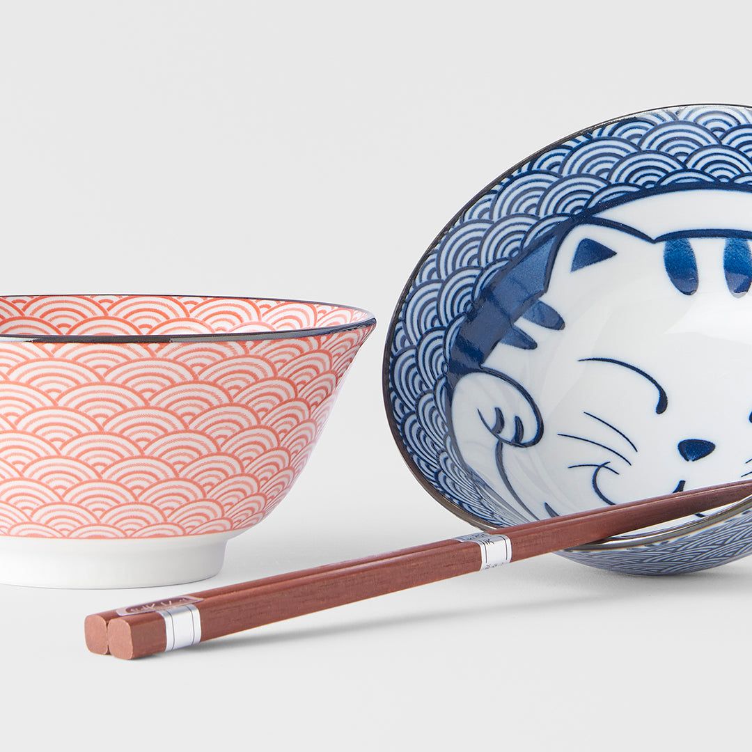Bowl Set 2pcs with Chopsticks Red & Blue Cat Maneki Wave Design - SuperSaverAU - view 2