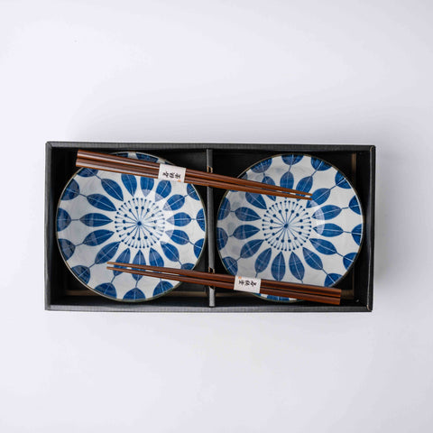 Premium 2 Piece Indigo Sunflower Bowl Set 15cm with Chopsticks