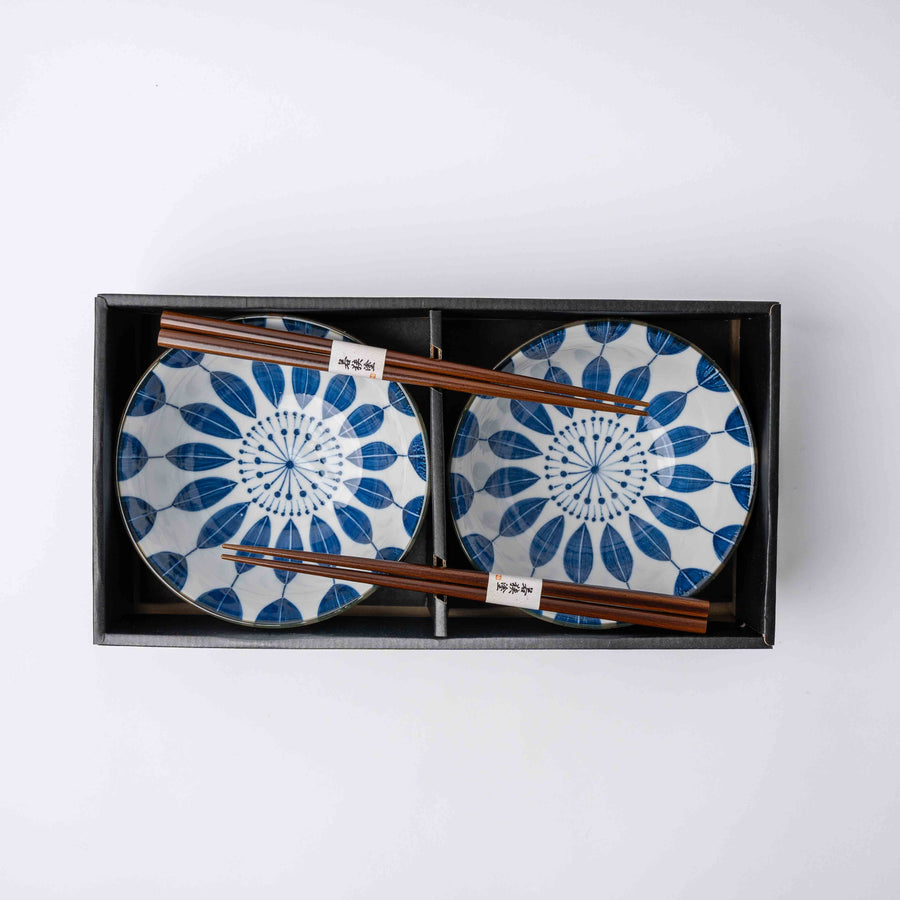Premium 2 Piece Indigo Sunflower Bowl Set 15cm with Chopsticks