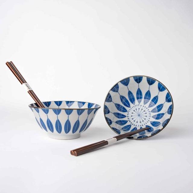 Premium 2 Piece Indigo Sunflower Bowl Set 15cm with Chopsticks