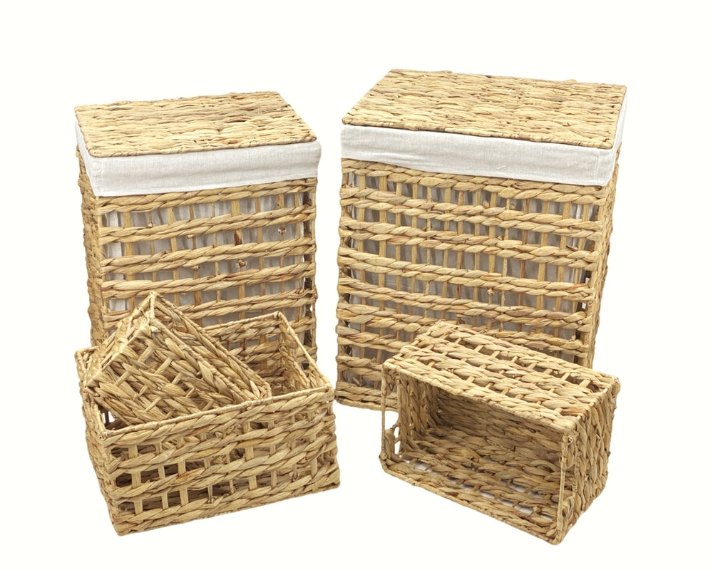 Water Hyacinth Rectangle Laundry Basket Set 5 - 56cm, Natural & White - SuperSaverAU - view 1