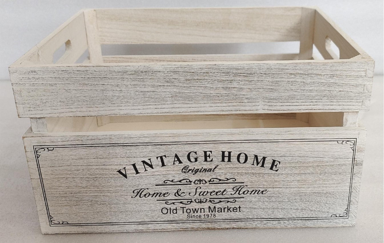 Vintage Home Wood Crates White Wash 40x32x22cm, Paulownia Wood, Metal