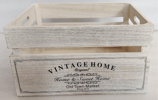 Vintage Home Wood Crates White Wash 40x32x22cm, Paulownia Wood, Metal