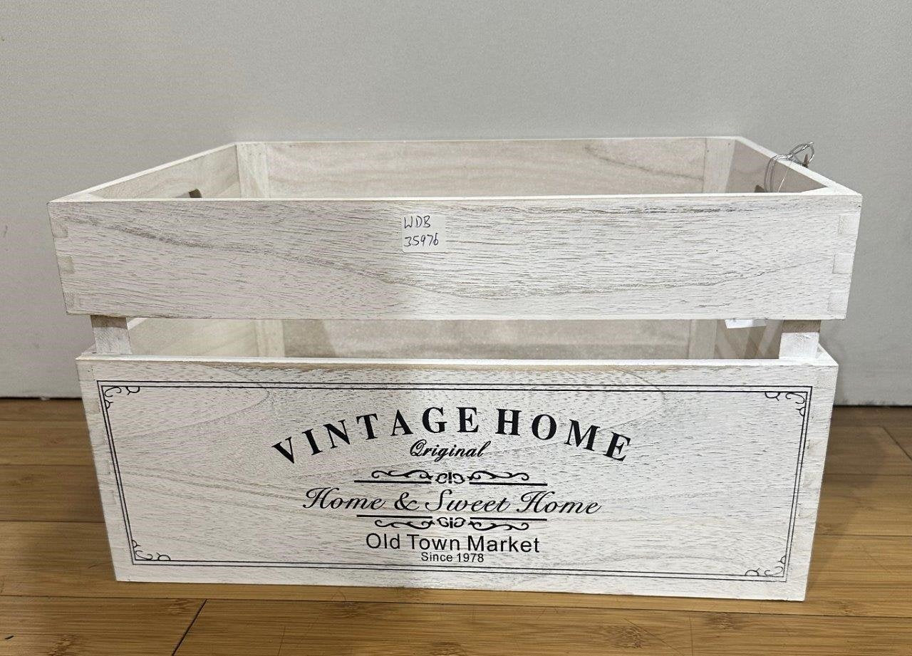 Vintage Home Wood Crates White Wash 40x32x22cm, Paulownia Wood, Metal
