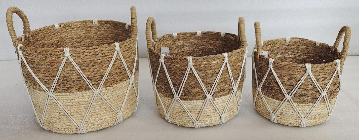 Set of 3 Round Rattan & Macrame Baskets - 33x25cm