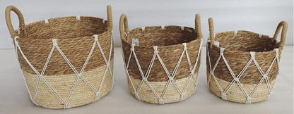 Set of 3 Round Rattan & Macrame Baskets - 33x25cm