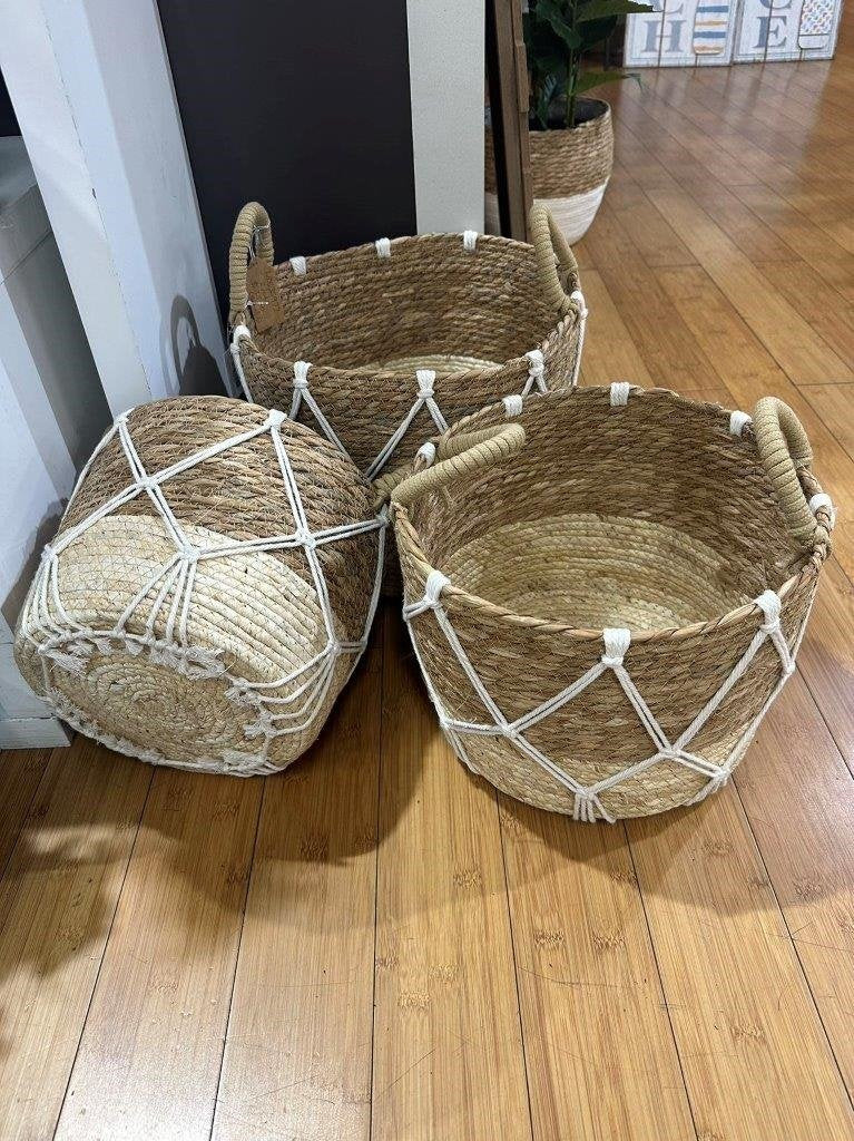 Set of 3 Round Rattan & Macrame Baskets - 33x25cm