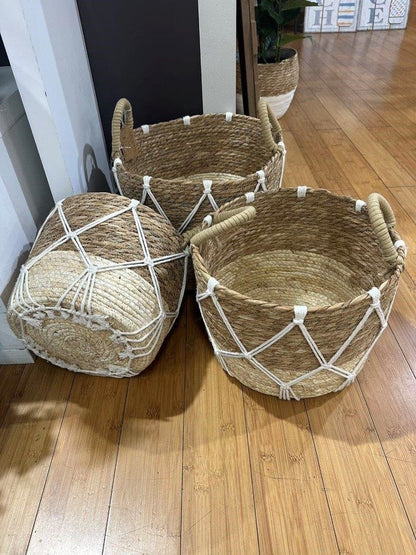 Set of 3 Round Rattan & Macrame Baskets - 33x25cm