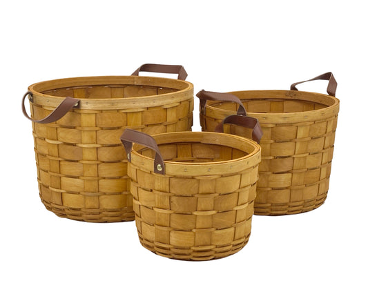 Set 3 Plywood Hand Woven Baskets - Natural, 35cm, 30cm, 26cm