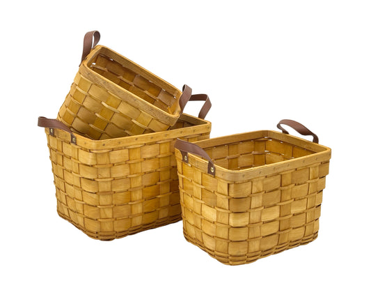 Set 3 Plywood Hand Woven Rectangular Baskets - 36cm, 31cm, 27cm Natural