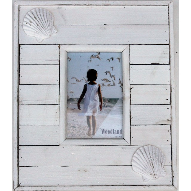 Rustic White Single Photo Frame 30cm with Sea Shell Corners, MDF Wood