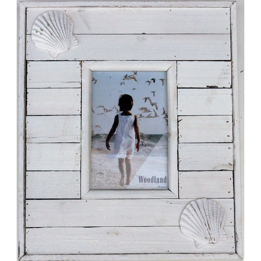 Rustic White Single Photo Frame 30cm with Sea Shell Corners, MDF Wood