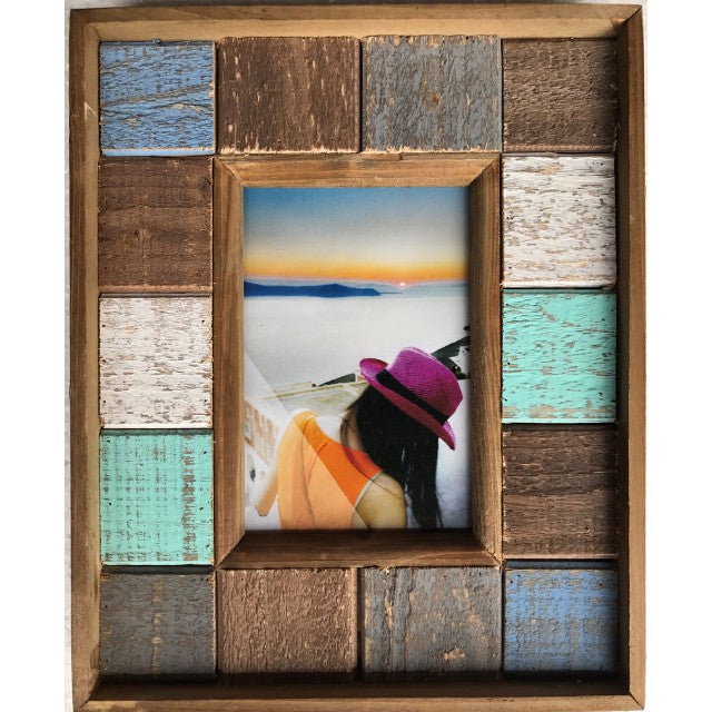Rustic Single Photo Frame 6"x4" - MDF Wood, Green & Blue, 27cm