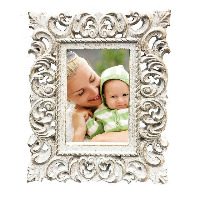 Ornate Single Photo Frame 25cm - Rustic White Wash MDF Wood, 4x6 Opening
