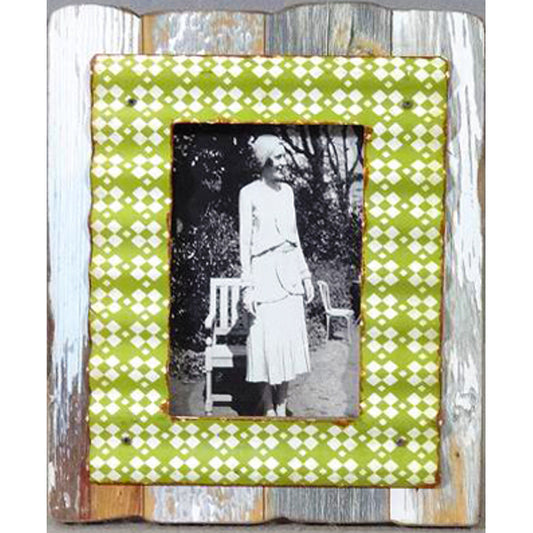 Rustic Single Photo Frame 23cm, MDF Wood & Metal, 6x4 Opening, Natural Green