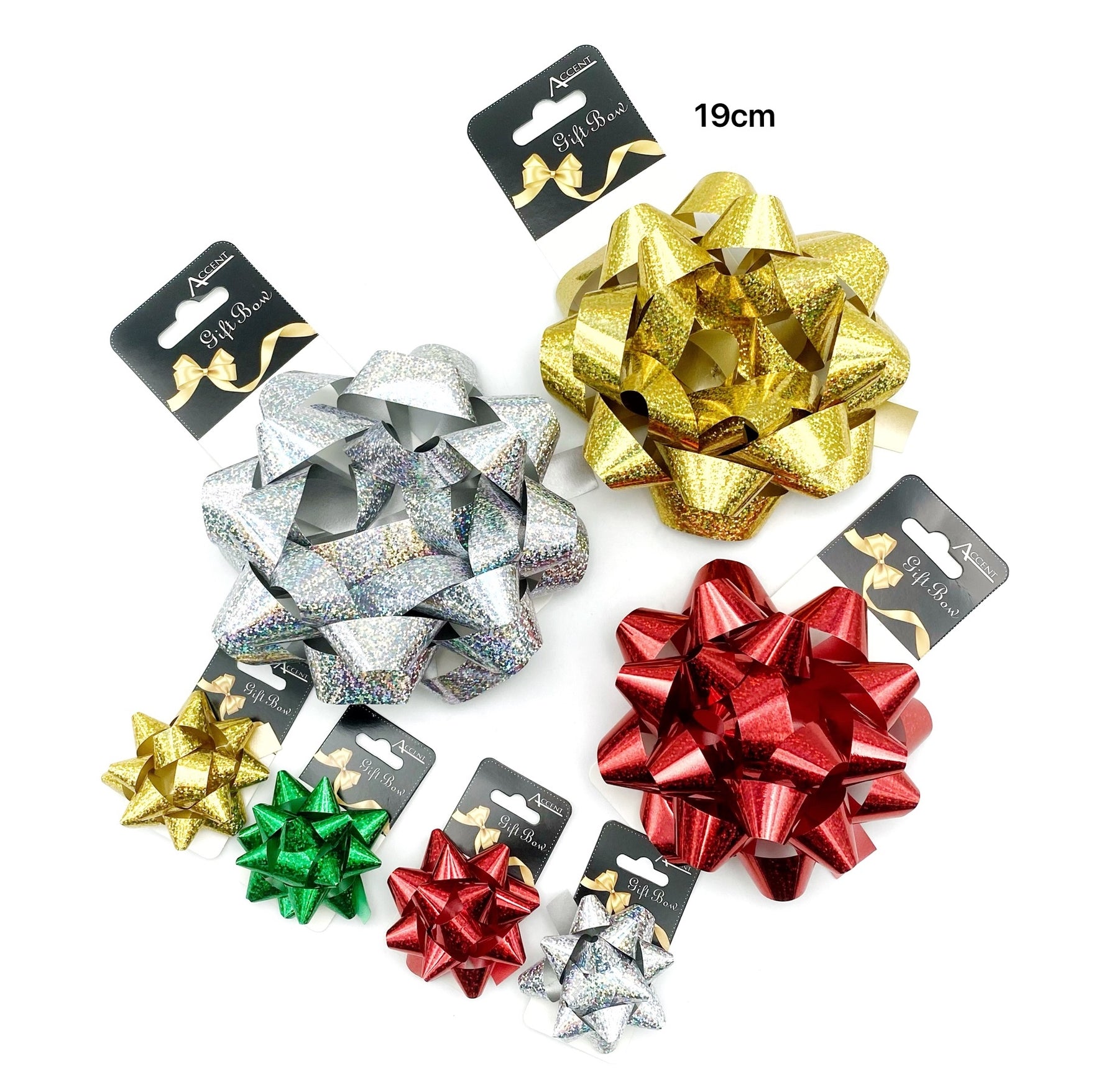 Holographic Gift Bow 19cm Assorted Cols - 24 Pack, Shiny Polypropylene - SuperSaverAU - view 1