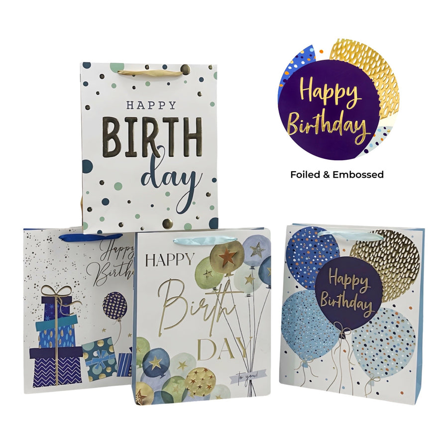 Bulk 24 Medium Foil & Embossed Birthday Gift Bag 4 Assort 17x23cm - SuperSaverAU - view 1