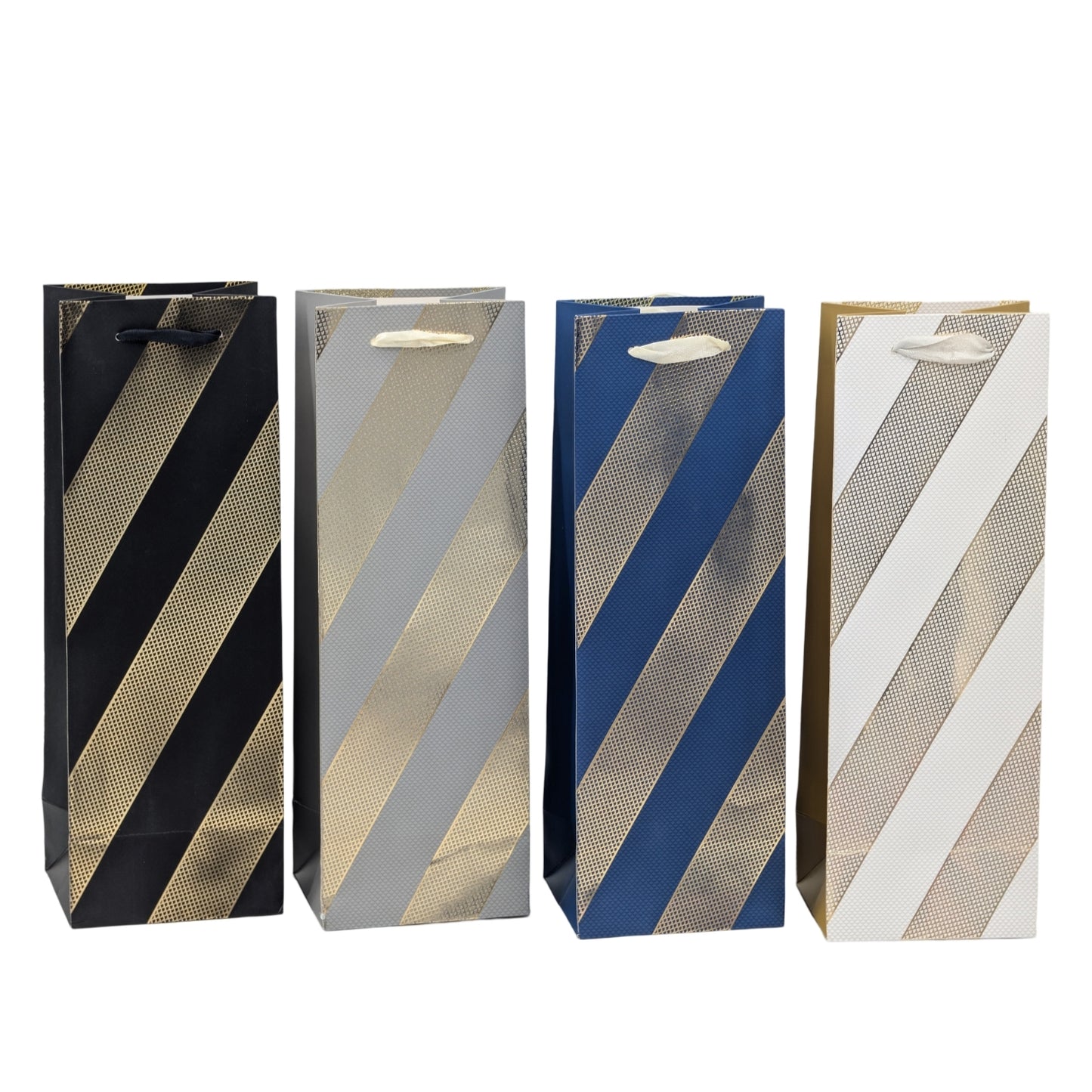 bulk 24 Thick Stripe Bottle Gift Bag Foiled 4 Assort 36cm