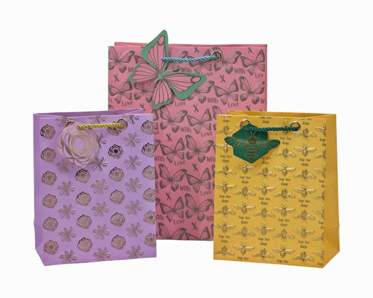 bulk 24 Medium Foiled Luxury Garden Gift Bag 3 Assort 23cm