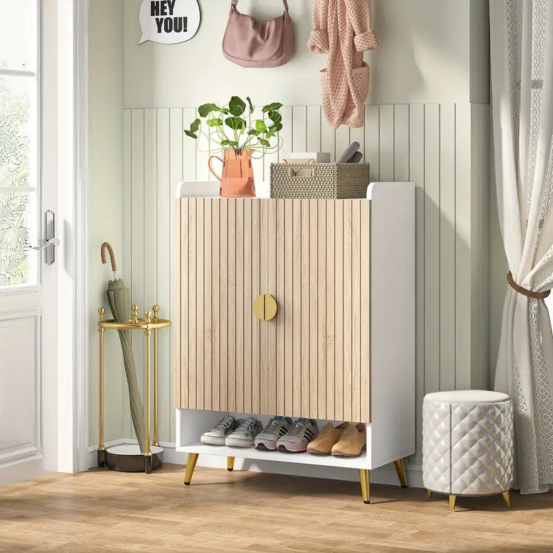 NNETMLT 7-Tier Shoe Storage Cabinet with Adjustable Shelves in Wood and Gold - SuperSaverAU - view 4
