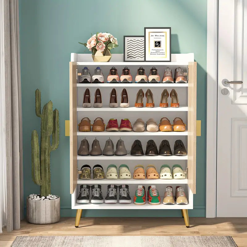 NNETMLT 7-Tier Shoe Storage Cabinet with Adjustable Shelves in Wood and Gold - SuperSaverAU - view 8