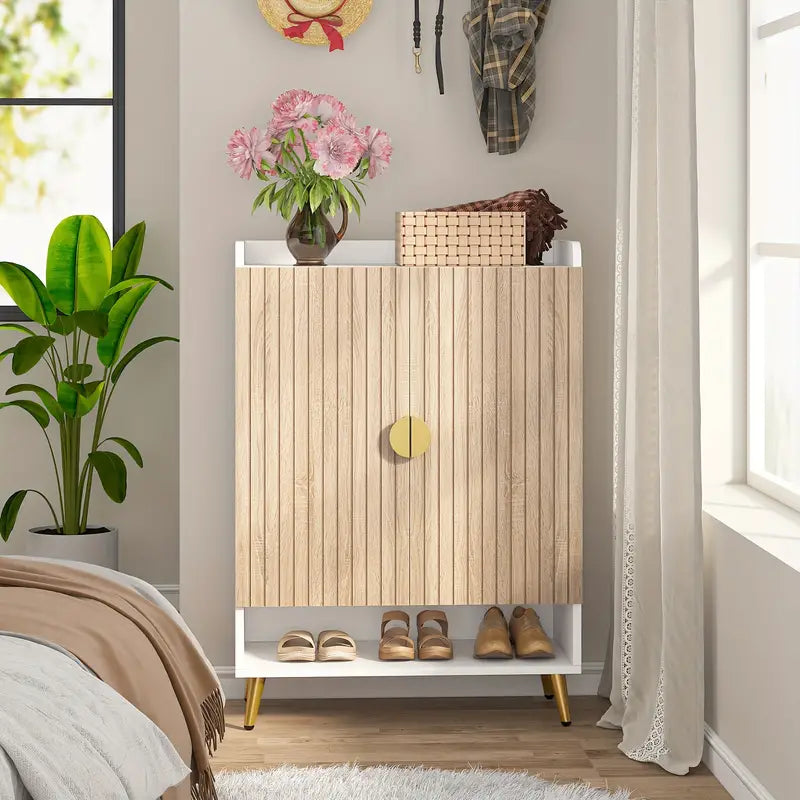 NNETMLT 7-Tier Shoe Storage Cabinet with Adjustable Shelves in Wood and Gold - SuperSaverAU - view 11