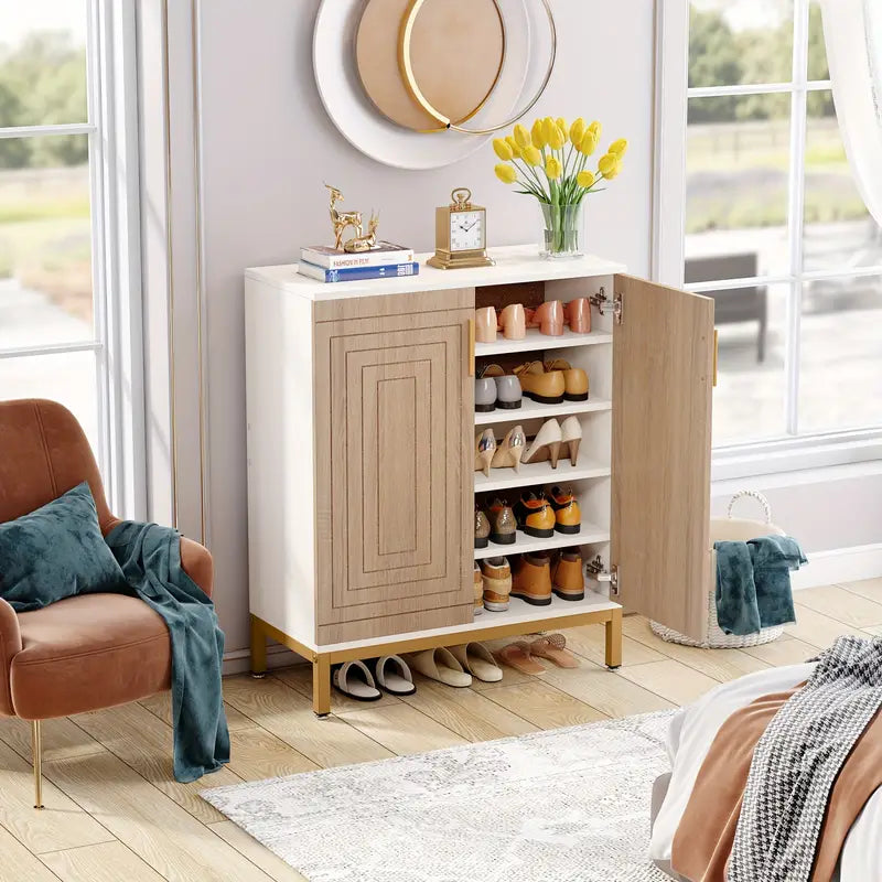 NNETMLT 5-Tier Shoe Cabinet - Geometric Pattern Doors in White/Natural - SuperSaverAU - view 4