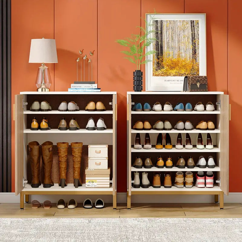NNETMLT 5-Tier Shoe Cabinet - Geometric Pattern Doors in White/Natural - SuperSaverAU - view 7