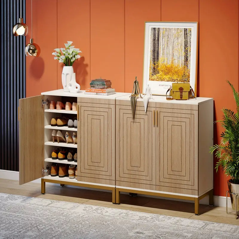 NNETMLT 5-Tier Shoe Cabinet - Geometric Pattern Doors in White/Natural - SuperSaverAU - view 8