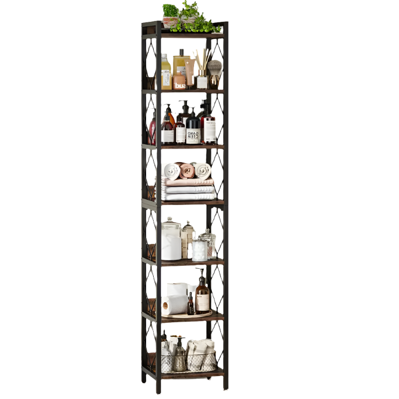 NNETMLT 78.7 Inch Extra Tall 7 Tier Skinny Bookcase in Rustic Brown - SuperSaverAU - view 1