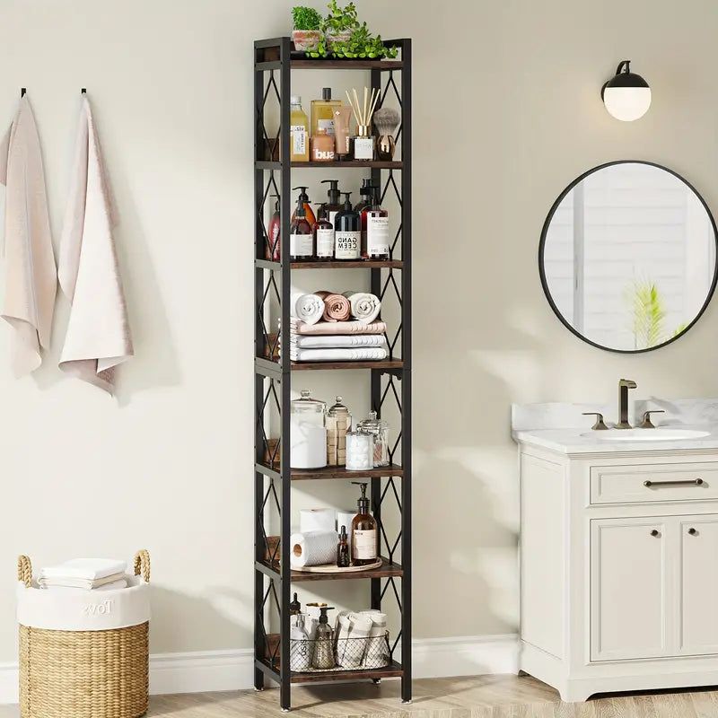 NNETMLT 78.7 Inch Extra Tall 7 Tier Skinny Bookcase in Rustic Brown - SuperSaverAU - view 3