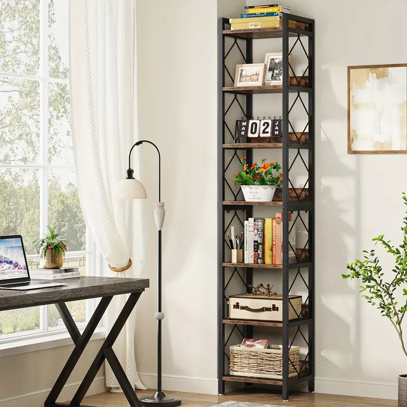 NNETMLT 78.7 Inch Extra Tall 7 Tier Skinny Bookcase in Rustic Brown - SuperSaverAU - view 7