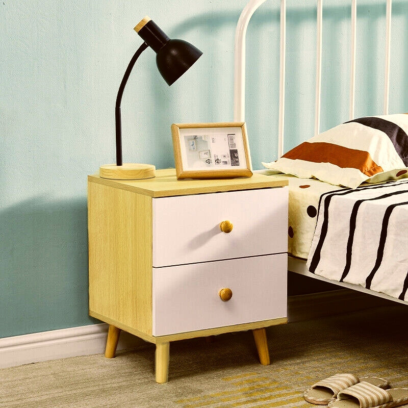 NNECN Wooden Bedside Cabinet with 2 Drawers - White & Pine - SuperSaverAU - view 3
