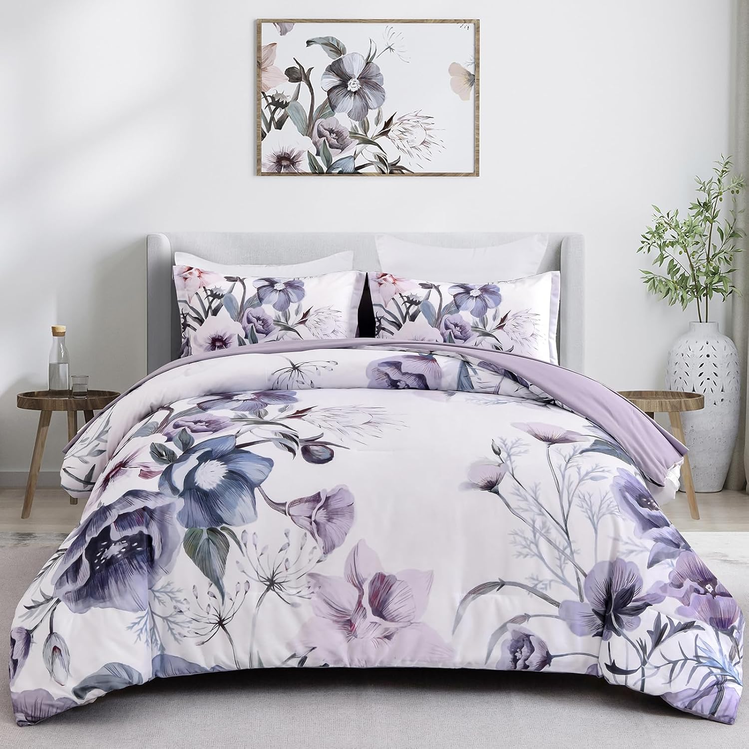 Premium Purple Floral 3 Piece Microfiber Comforter Set - King
