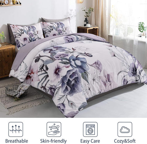 Premium Purple Floral 3 Piece Microfiber Comforter Set - King