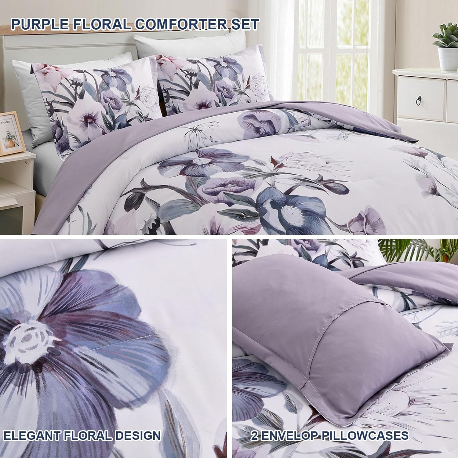 Premium Purple Floral 3 Piece Microfiber Comforter Set - King