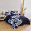 Premium Navy Blue Floral 3 Piece Microfiber Comforter Set - King