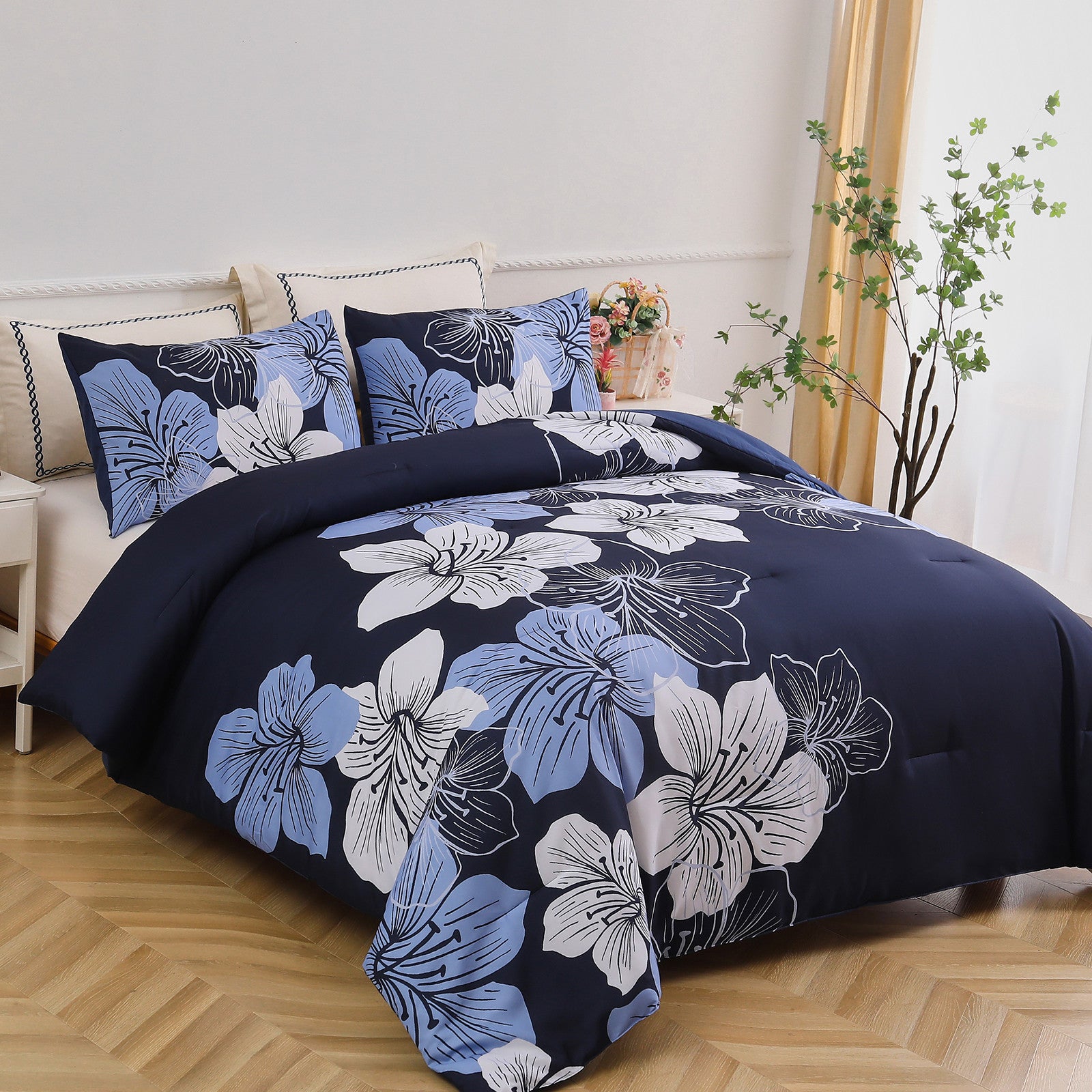 Premium Navy Blue Floral 3 Piece Microfiber Comforter Set - King