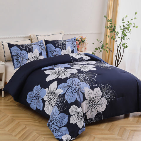Premium Navy Blue Floral 3 Piece Microfiber Comforter Set - King