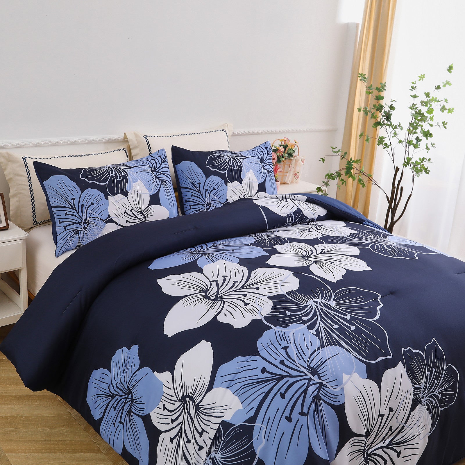 Premium Navy Blue Floral 3 Piece Microfiber Comforter Set - King